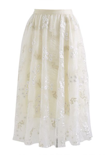 Divine Daisy Embroidered Mesh Tulle Skirt in Cream