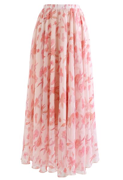 Darling Blush Pink Floral Watercolor Maxi Skirt