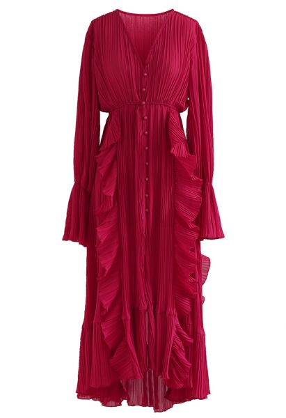 Breezy Ruffle Asymmetric Pleated Chiffon Maxi Dress in Red