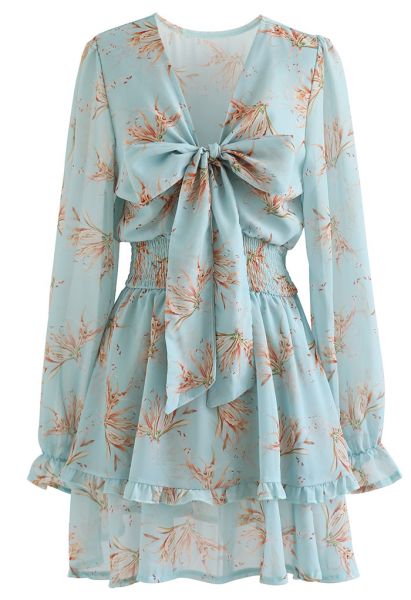 Tie-Knot Front Floral Chiffon Mini Dress in Teal