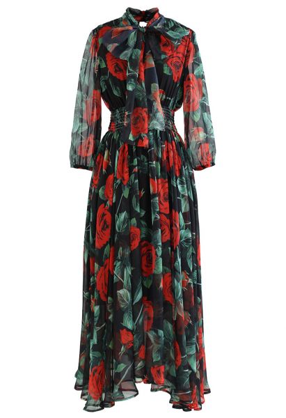 Rose Print Asymmetric Hem Chiffon Maxi Dress