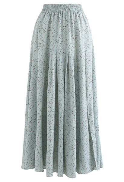 Ditsy Spot Print Pleated Maxi Skirt in Teal