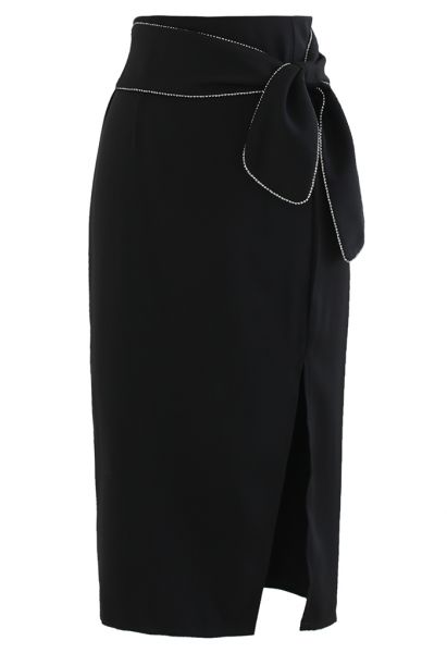 Crystal Edge Knotted Waist Split Pencil Skirt in Black