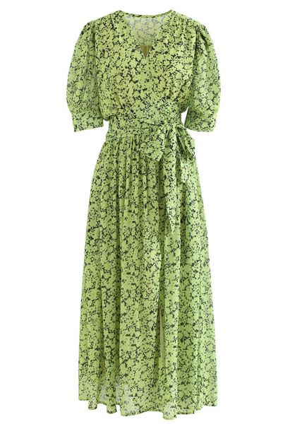 Floral Grid Wrap Chiffon Maxi Dress in Green