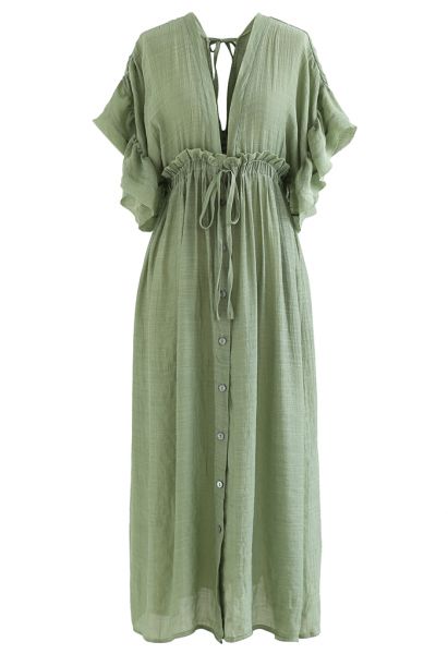 Ruffle Sleeves Deep V-Neck Cover Up in Pea Green