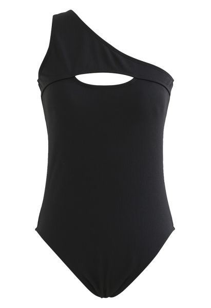 One-Shoulder Solid Black Swimsuit