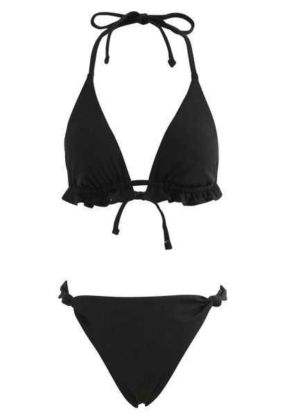 Halter Neck Solid Black Triangle Bikini Set