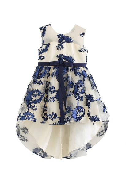 Asymmetric Floral Embroidered Tulle Dress in Navy For Kids