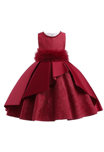 Floral Lace Ruffle Mesh Princess Dress in Red For Kids