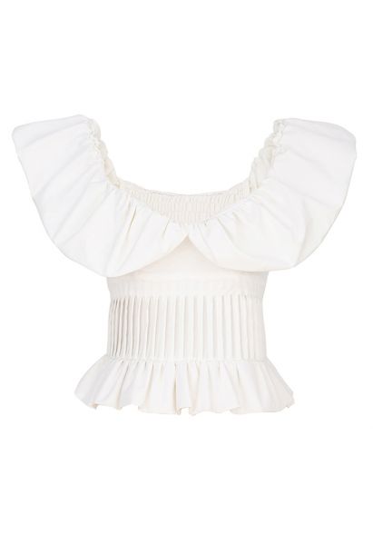 Flap Off-Shoulder Pleated Shirred Top in White