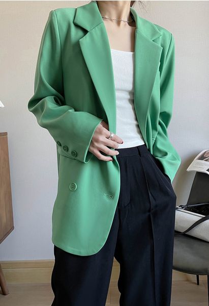 Double-Breasted Flap Pockets Blazer in Green