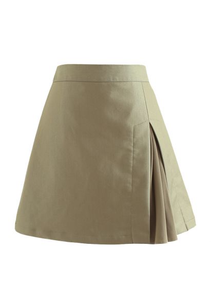Spliced Pleated Mini Skirt in Khaki