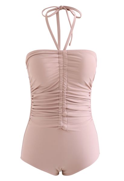 Halter Neck Ruched Front Swimsuit in Nude Pink