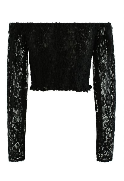 Off-Shoulder Floral Lace Shirred Crop Top in Black