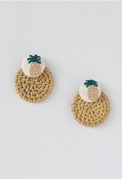 Pineapple Embroidery Rattan Earrings