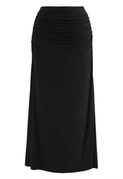 High Waist Ruched Detail Maxi Skirt in Black