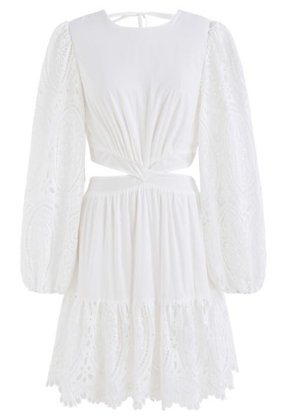 Crochet Bubble Sleeve Cutout Waist Mini Dress in White