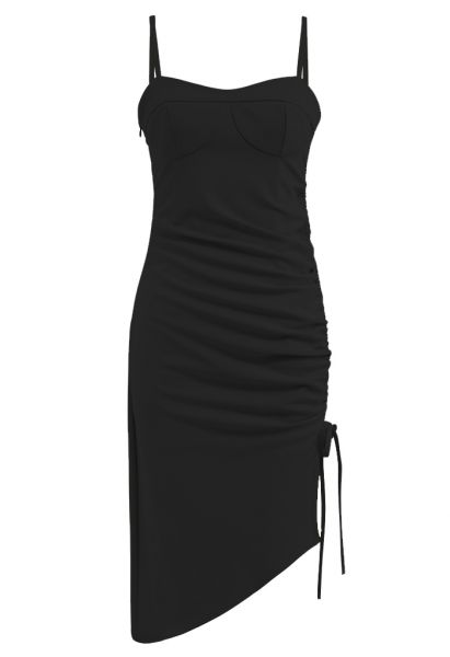 Ruched Drawstring Slit Hem Cami Dress in Black