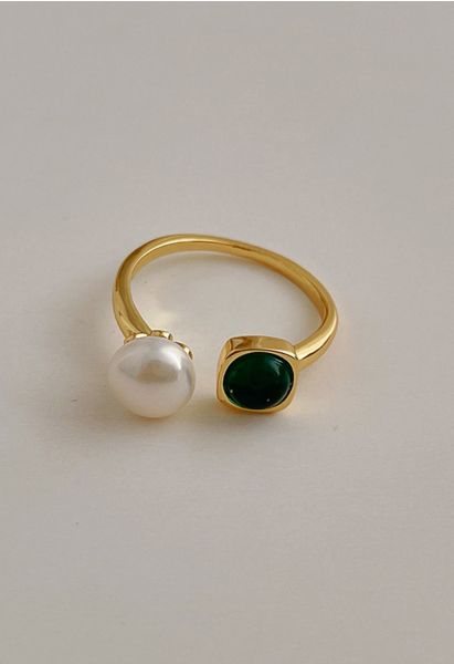 Emerald Gem and Pearl Open Ring