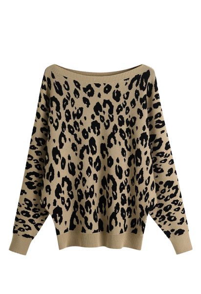 Leopard Jacquard Batwing Sleeve Sweater in Camel