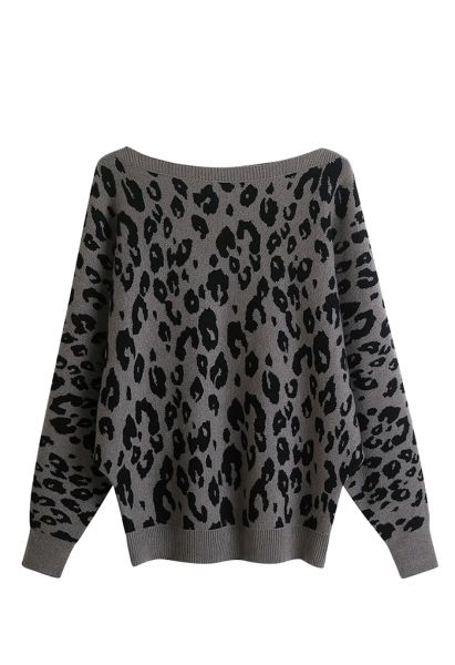Leopard Jacquard Batwing Sleeve Sweater in Grey