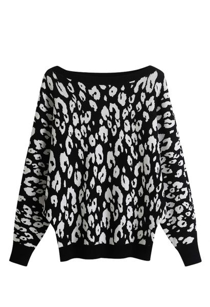 Leopard Jacquard Batwing Sleeve Sweater in Black