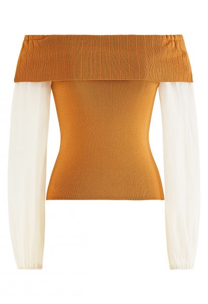 Off-Shoulder Sheer Sleeves Knit Crop Top in Pumpkin