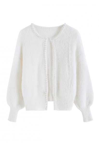 Open Front Pearly Fuzzy Knit Cardigan in White