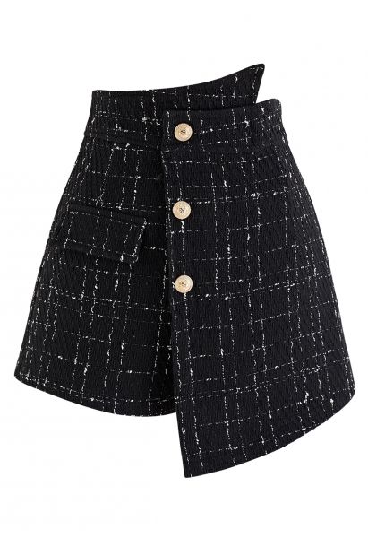 Grid Tweed Buttoned Flap Skorts in Black