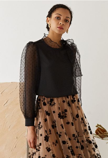 Flock Dots Organza Bubble Sleeve Bowknot Satin Shirt in Black