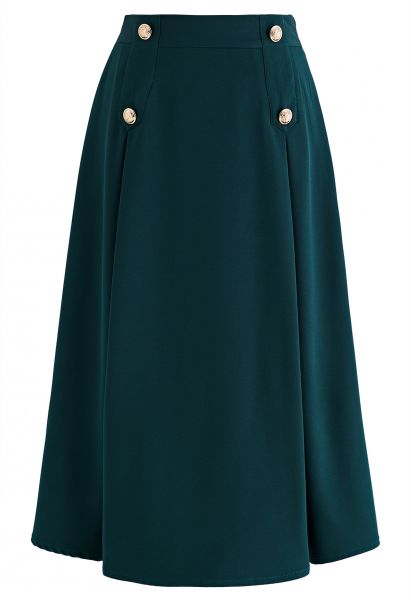 Buttoned Pleated A-Line Skirt in Dark Green