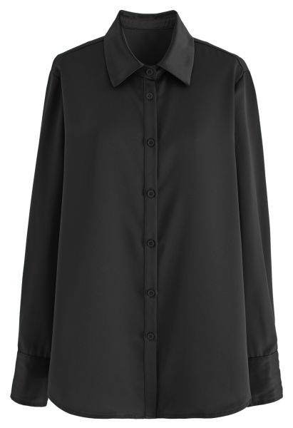 Satin Finish Button Up Shirt in Black