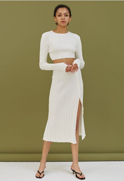 Knitted Crop Top and Buttoned Slit Skirt Set in White