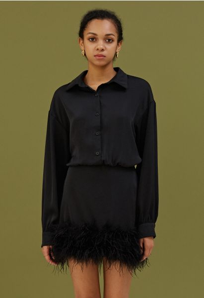 Ethereal Feather Long Sleeve Satin Dress in Black