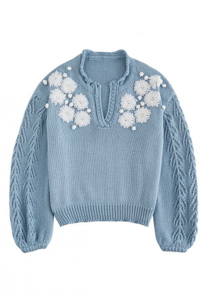 Blooming Passion Floral Stitch V-Neck Knit Sweater in Blue