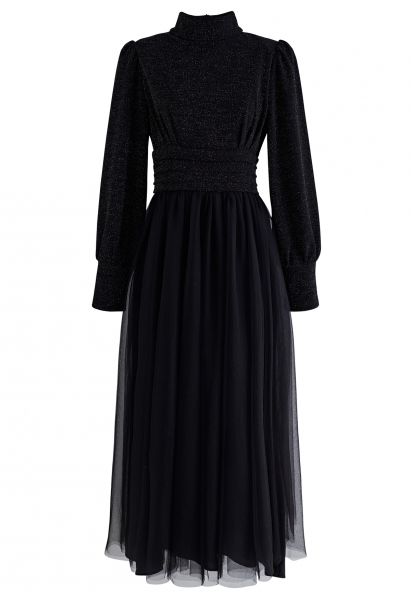 Shine Bright High Neck Tulle Maxi Dress in Shimmer Black