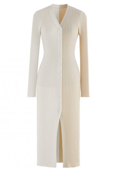 Button Down Two-Tone Spliced Bodycon Knit Dress in Cream