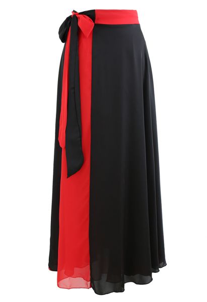 Tie-Waist Spliced Wrap Maxi Skirt in Red