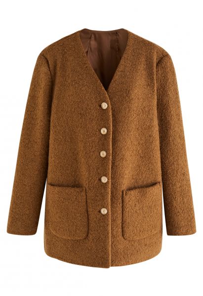 Collarless Button Down Wool-Blend Coat in Caramel