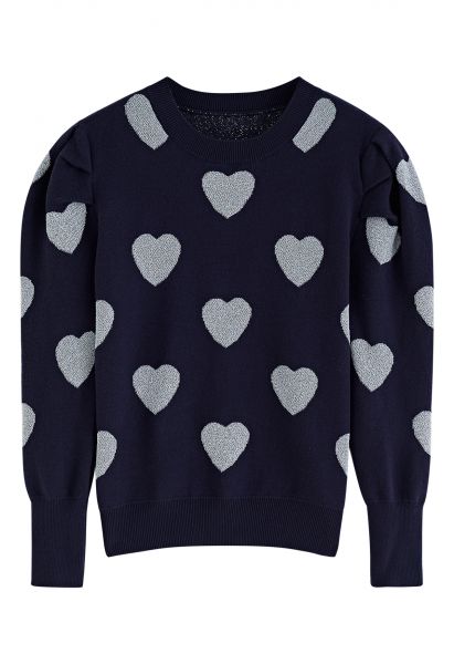 Metallic Heart Puff Shoulder Knit Sweater in Navy