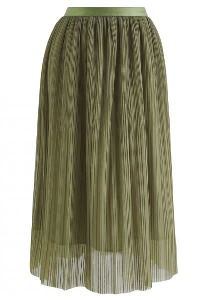 Plisse Double-Layered Mesh Tulle Skirt in Moss Green