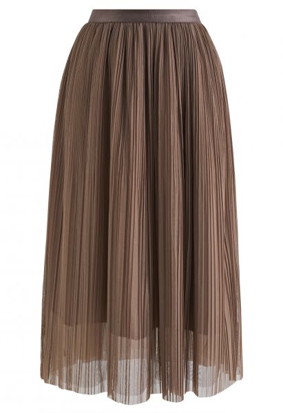 Plisse Double-Layered Mesh Tulle Skirt in Brown