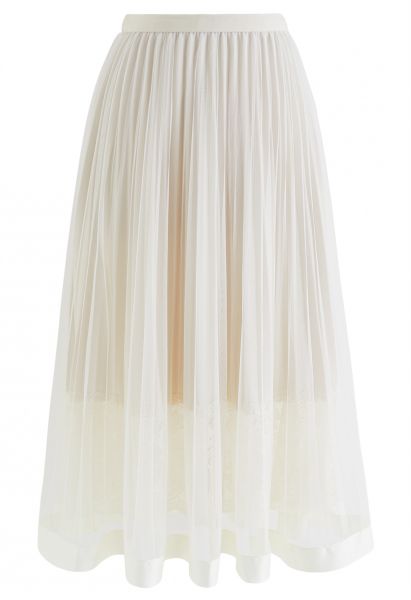 Lace Hem Double-Layered Mesh Midi Skirt in Cream