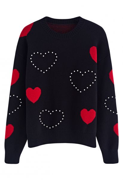 Passionate Heart Pearl Trim Knit Sweater in Black