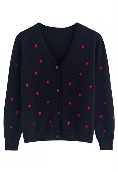 Little Heart Embroideried Button-Up Cardigan in Black