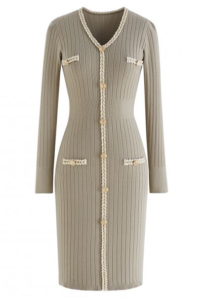 Braided Edge Golden Button Bodycon Knit Dress in Oatmeal