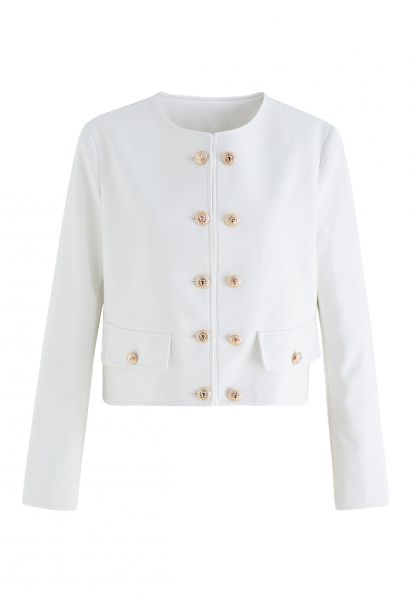Collarless Double-Breasted Faux Leather Jacket in White