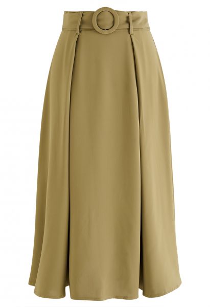 O-Ring Belt Pleated Flare Midi Skirt in Camel