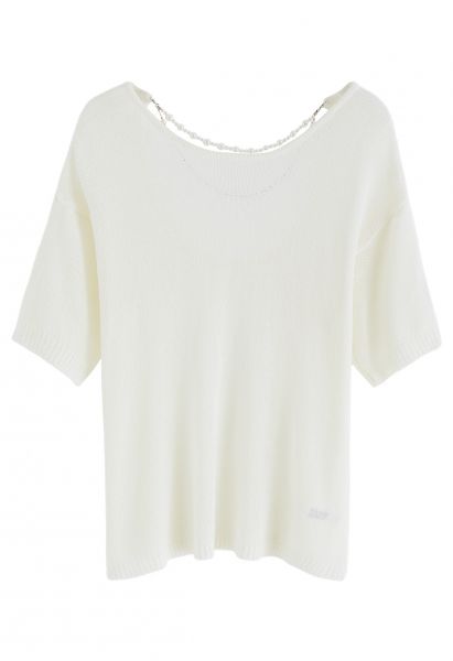 Pearl Necklace Short Sleeve Knit Top in Ivory