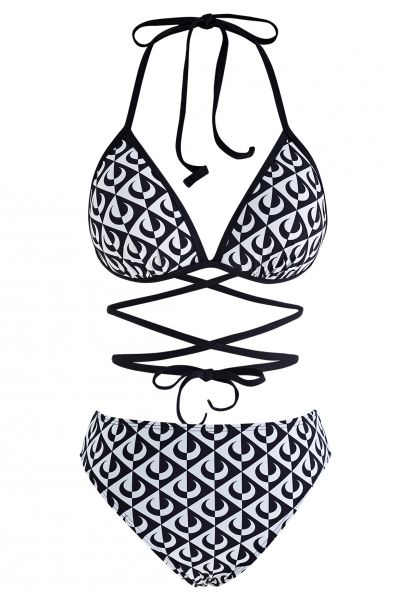Black and White Moon Halter Neck Bikini Set